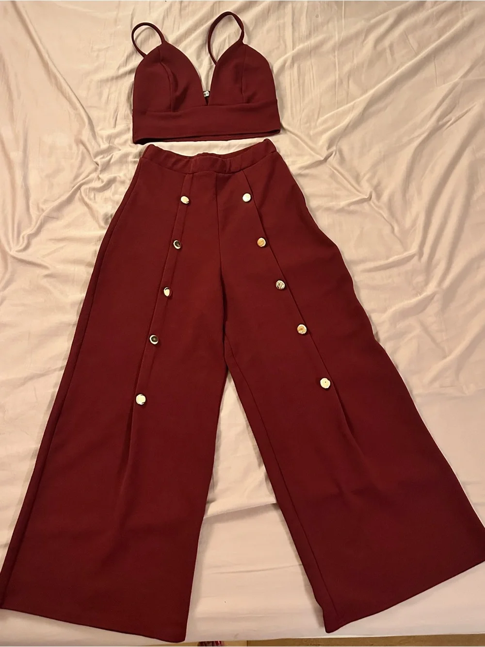 Boohoo Burgundy Matching Set Bralette & Wide-Leg Button-Front Pants